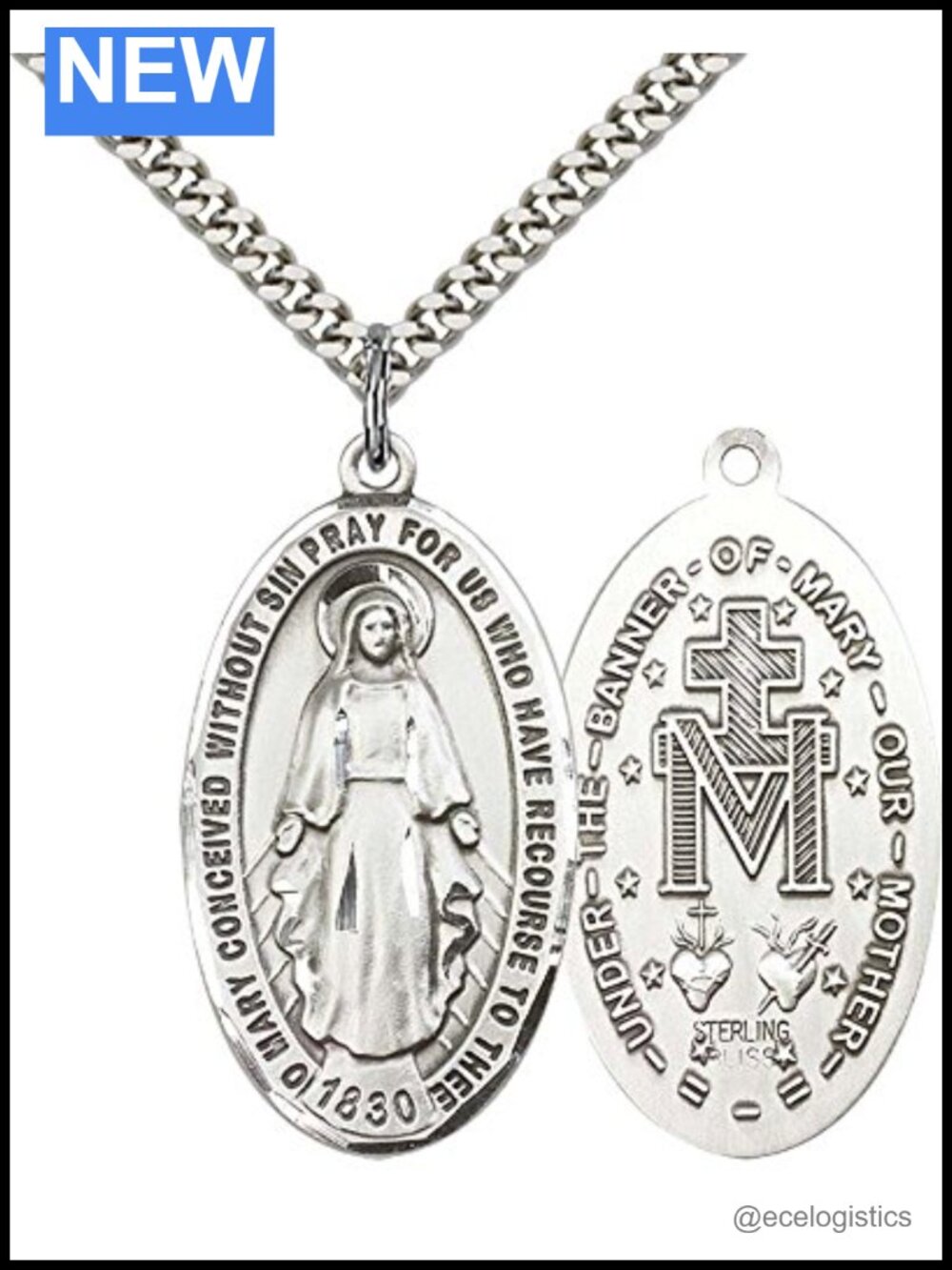 Sterling Silver Miraculous Medal Pendant Necklace with 24" Stainless Steel